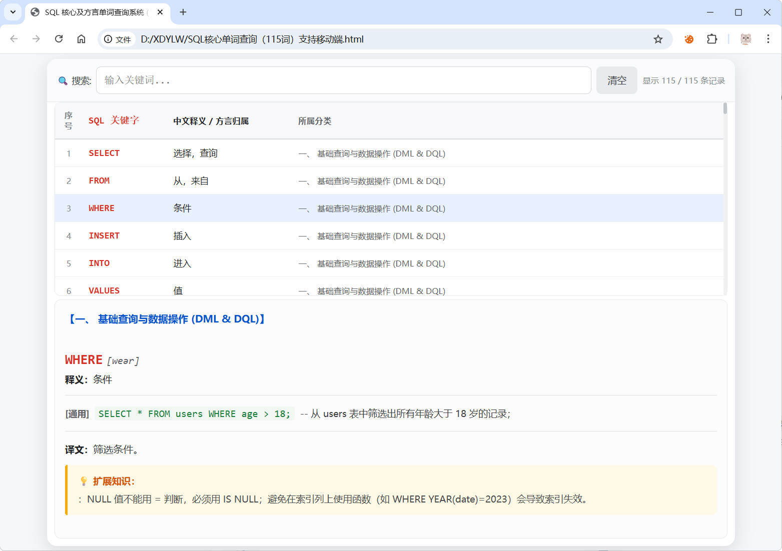 SQL常用核心单词查询115词html源码-七量思维